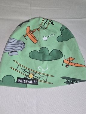 Villervalla airplane print beanie, a soft jersey hat organic cotton NWOT OSFM